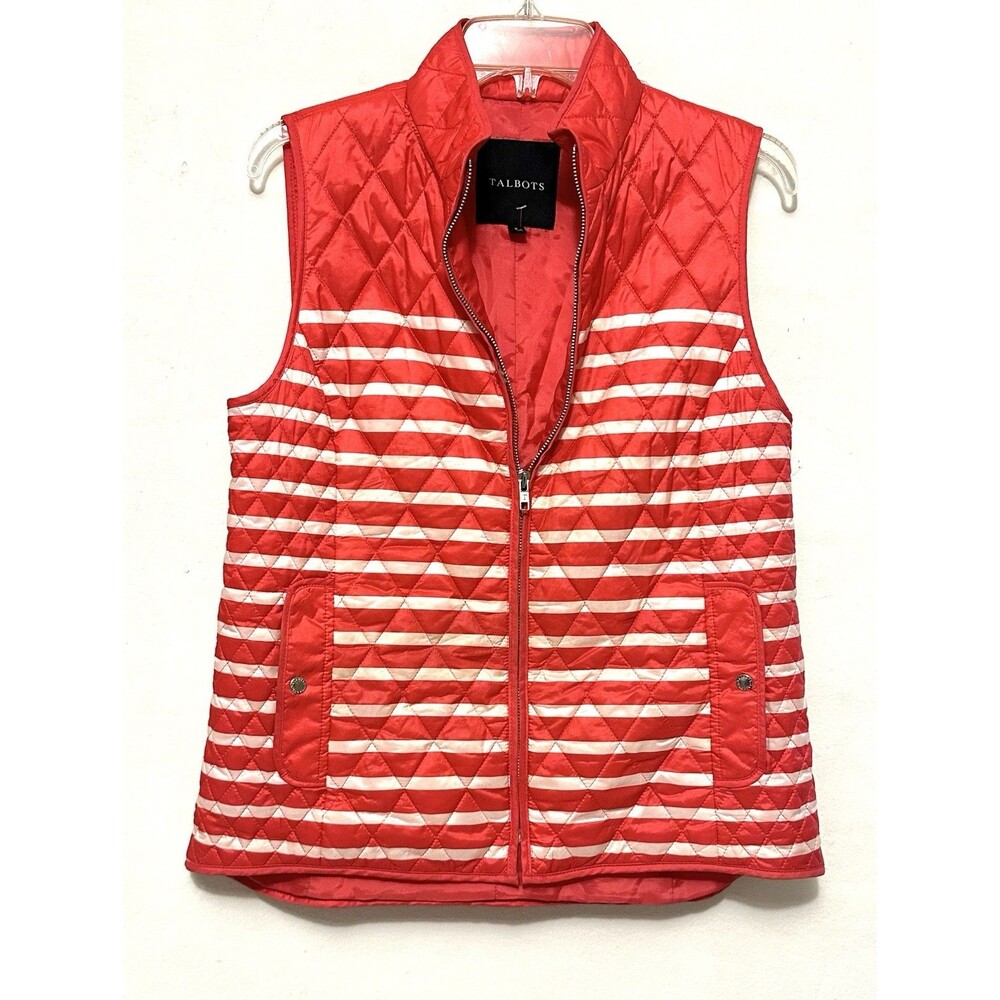 Talbots Coral Red & White Stripe Diamond Quilted Zip Up Puffer Vest Size
